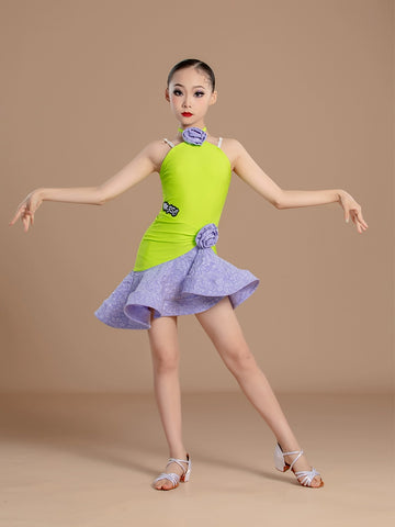 Latin dance dresses for girls kids green purple ballroom salsa performance outfits for children's suspender dance training clothes