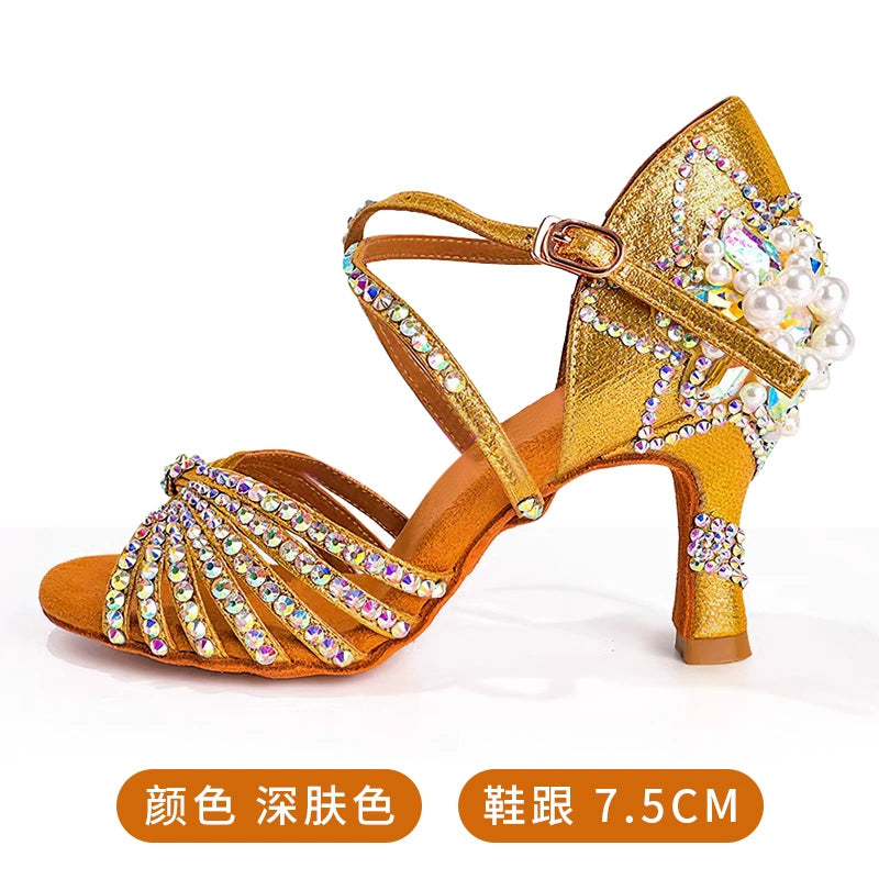 Competition Bronze Silver Sparkling Latin Dance Shoes for Women Girls Kids Competition Salsa Rumba Cha Cha Jive Performance Sandals Soft Soles Indoor Style