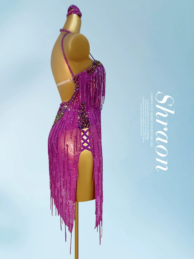 Custom Size Gold Fuchsia Fringe Competition Latin Dance Dresses for Women Girls Professional Competition Clothing Rumba Salsa Rumba Chacha Skirts