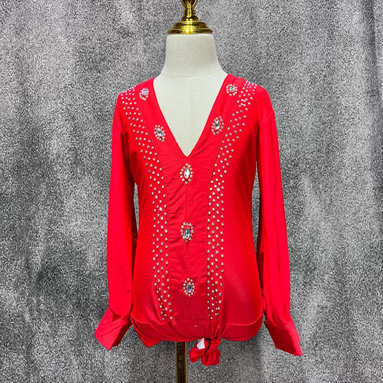 Red Rhinestones Latin Dance Shirts for Boys Kids Salsa Ballroom Waltz Latin Stage Performance Body Tops Long Sleeves