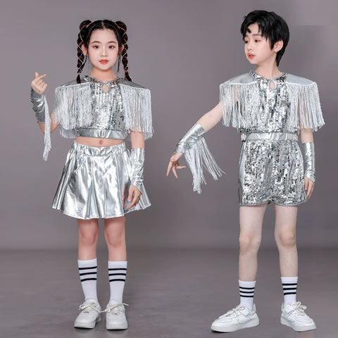 Children's Silver fringe Sequins jazz dance Costumes Hip Hop Catwalk Models Dance outfits for  Boys Girls