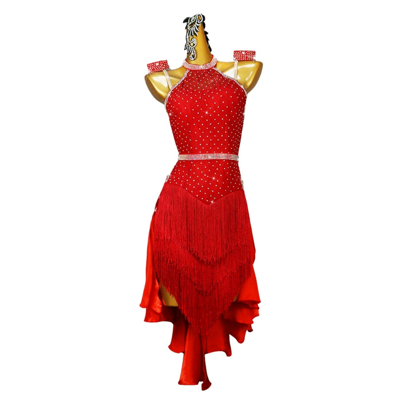 Women Girls Professional Red Fringe Latin Dance Competition Dresses Rhinestones Halter Neck Salsa Chacha Party Show Skirt