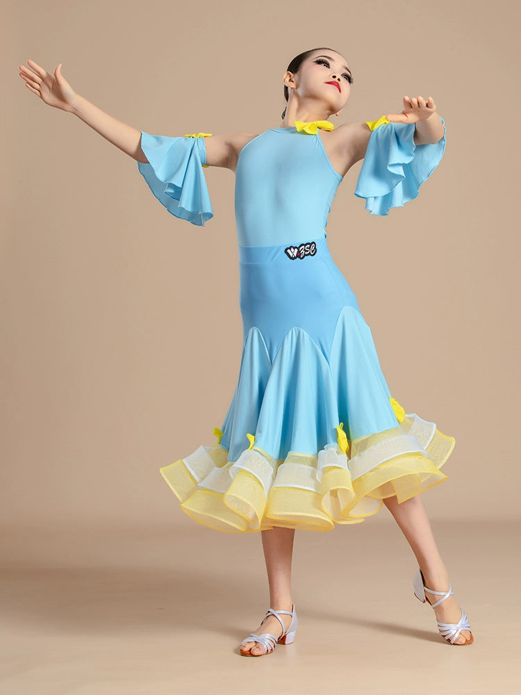 Blue with Yellow Modern National Ballroom Dance Dresses for Girls Kids Children's Waltz Professional Competition Practice Outfits for Children