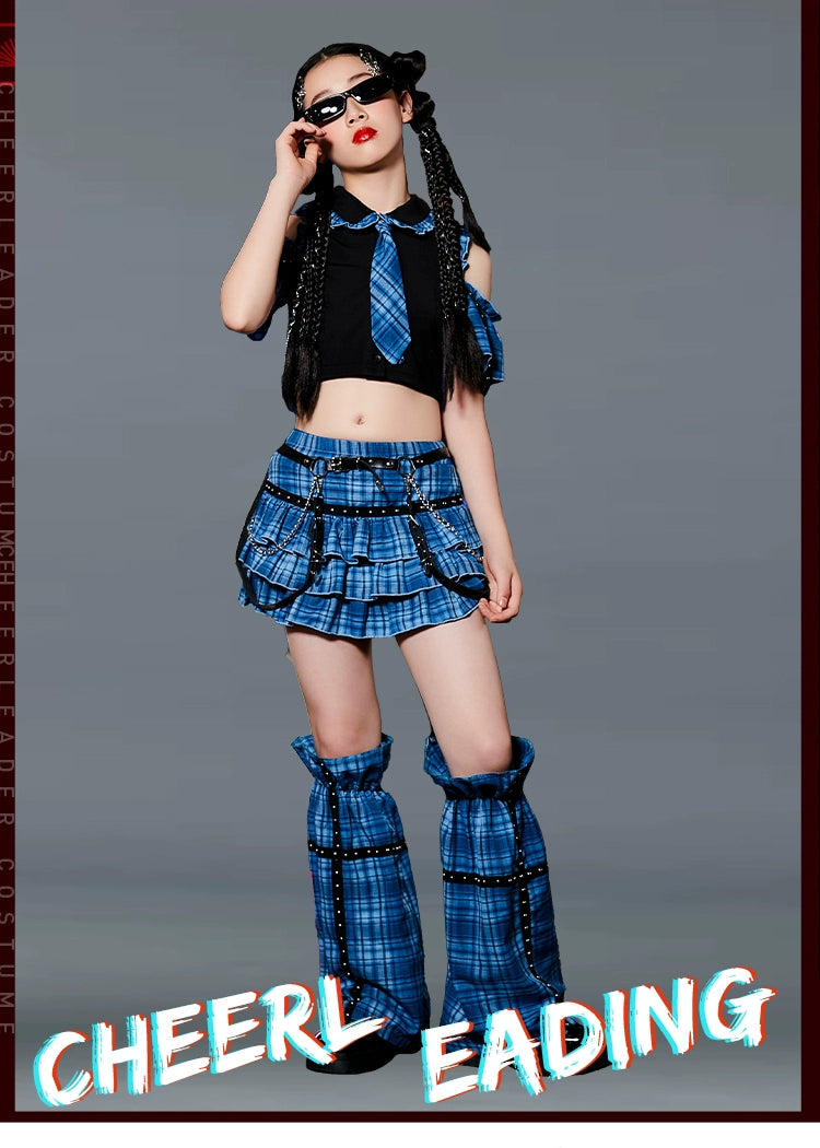 Girls Jazz Street Dance Costume Blue Green Plaid Hiphop Rapper Singers Stage Performance Outfits Model Show Photos Shooting Party Trendy Clothes for Kids