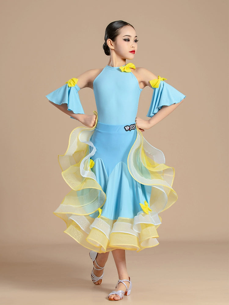 Blue with Yellow Modern National Ballroom Dance Dresses for Girls Kids Children's Waltz Professional Competition Practice Outfits for Children