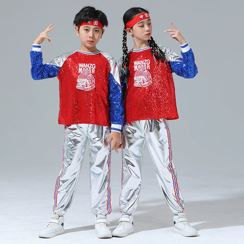 Children's Cheerleading Costumes Silver Blue Sequins Jazz Hip Hop Street Outfit for Girls Boys Opening Ceremony Jazz Dance Outfits for Kids