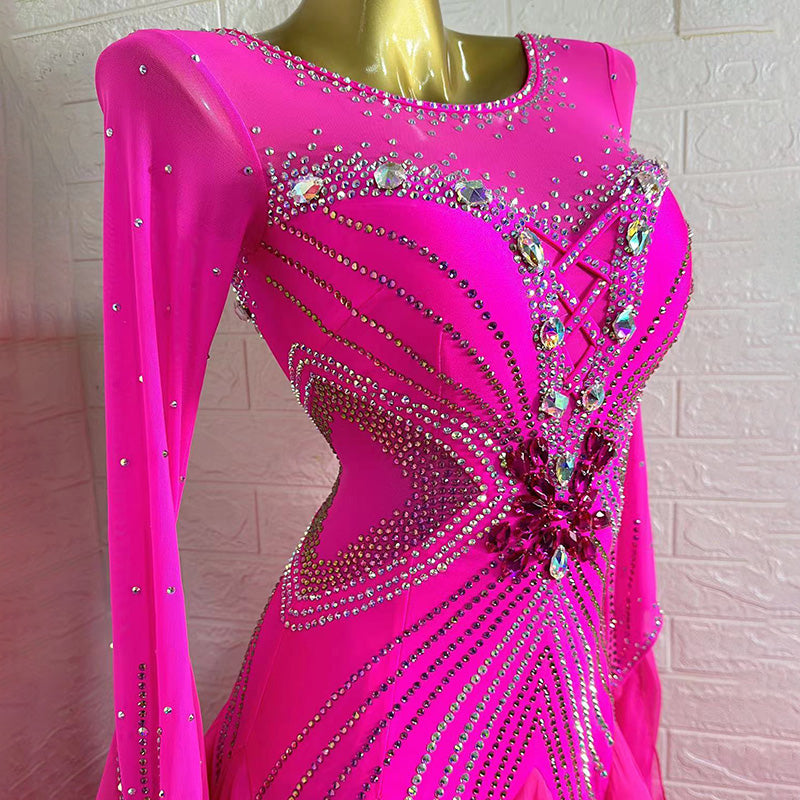 Customized Size Fuchsia Ballroom Dance Dresses for Women Girls Competition Stones Tango Waltz Performance Long Gown