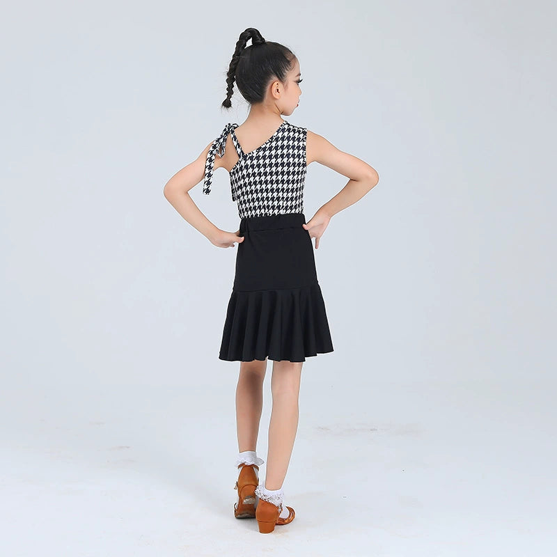 Children's One Shoulder Latin Dance Dresses Girls White Black Plaid Salsa Rumba Chacha Professional Training Clothes for Kids