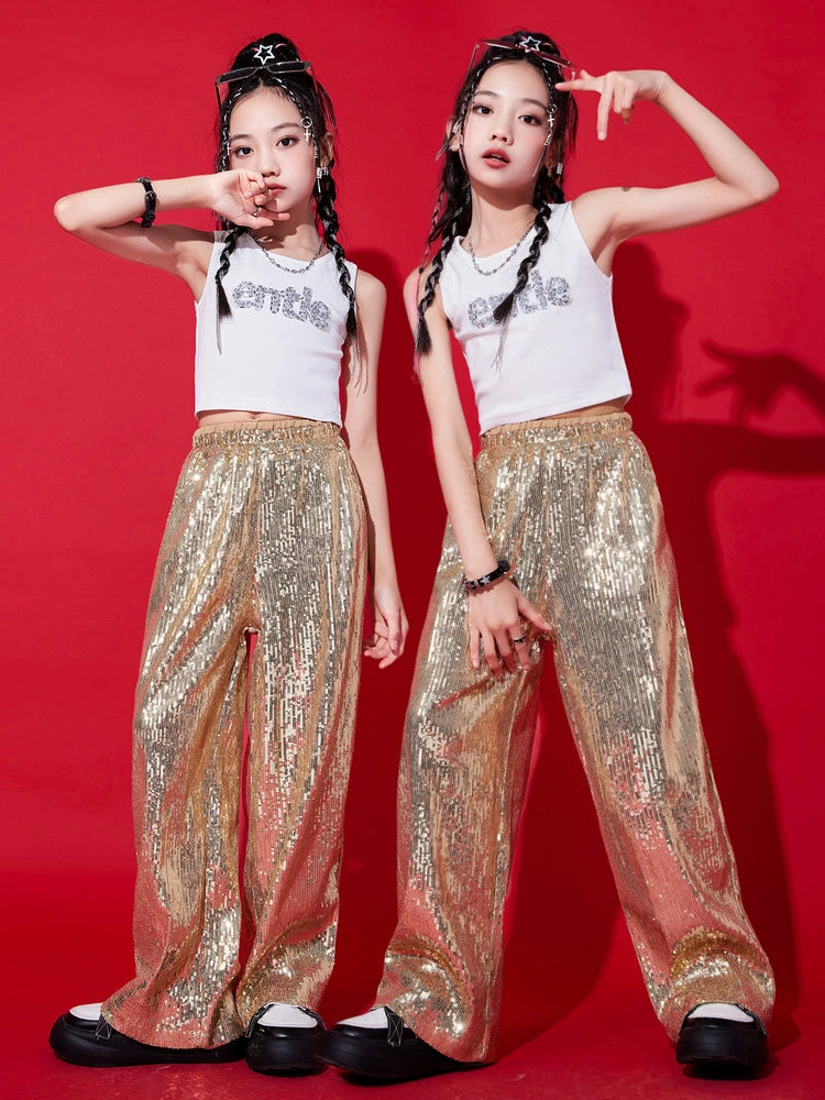 Girls Gold Sequin Jazz Dancing Costumes Gogo Dancers Hip Hop Rapper Singers Street Clothes Children's Model Show Wear