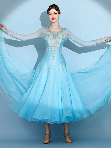 Custom size blue gemstones ballroom competition dresses for women girls children waltz tango foxtrot senior dance performance gown