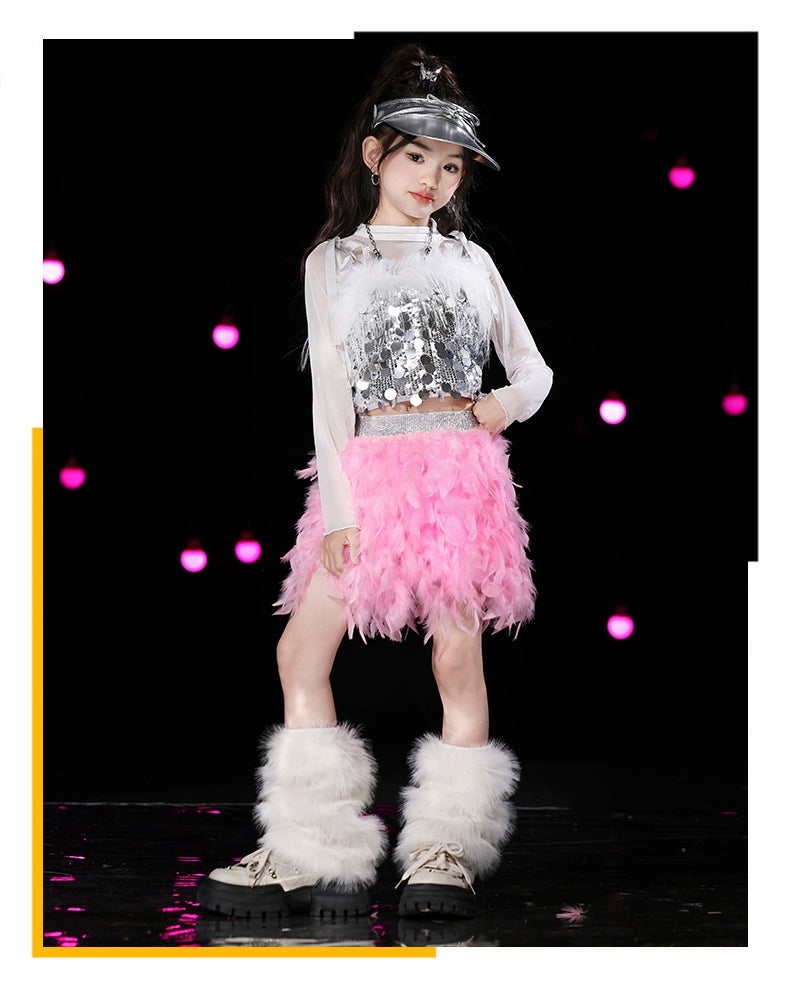 Girls Silver Pink Sequins Jazz Dance Costume Feather Hip Hop Rapper Singers Gogo Dancer Street Dancing Outfits Catwalk Model Show Clothing