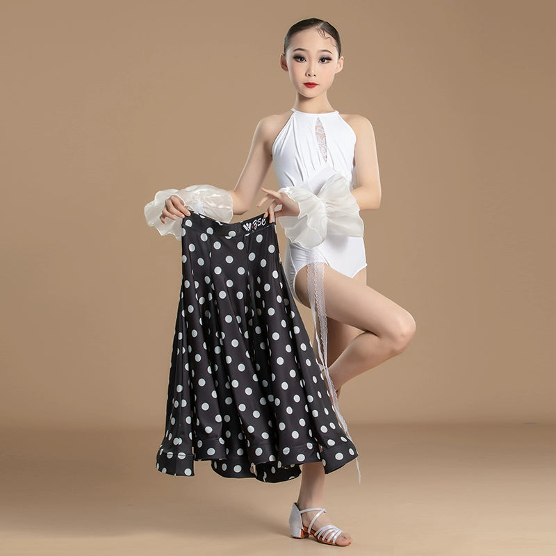 White Lace Polka Dot National Ballroom Dance Dresses for Kids Girls Competition Waltz Tango Party Performance Skirts