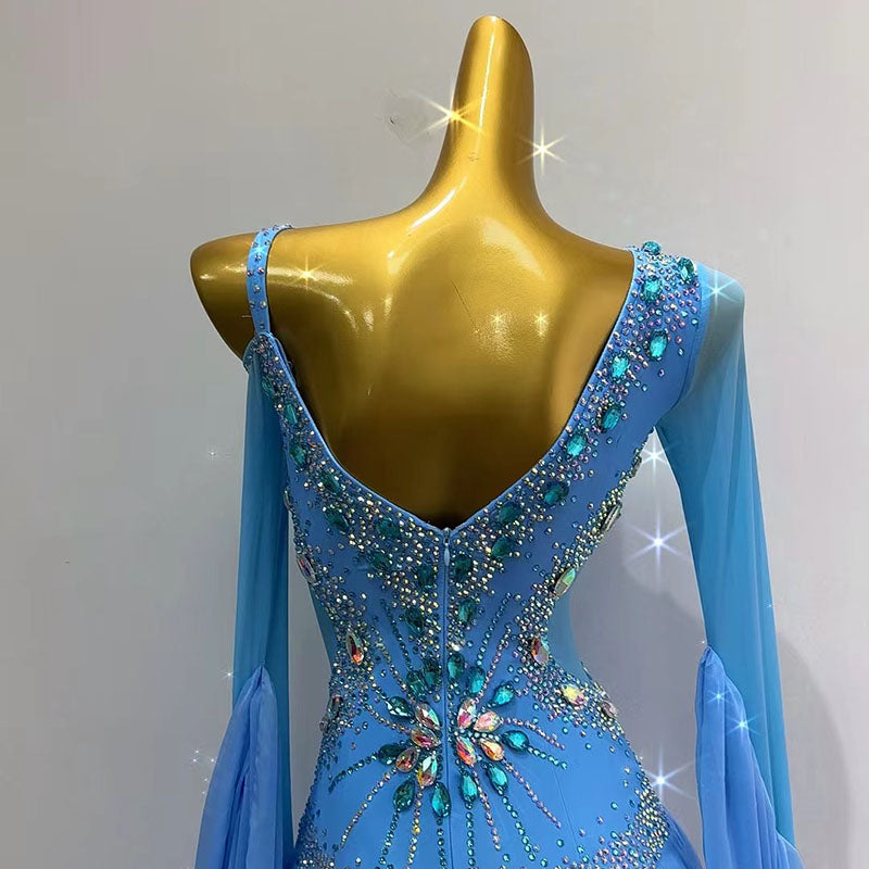 Customized Size Blue Rhinestones Competition Ballroom Dance Dresses for Women Girls One Shoulder Waltz Rhythm Smooth Foxtrot Dance Long Skirts