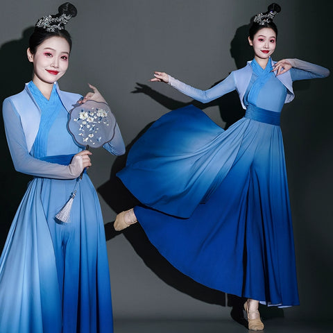 Blue chinese folk Classical dance costumes for women girls fairy umbrella fan dance hanfu Han Tang repertoire solo contest dance wear