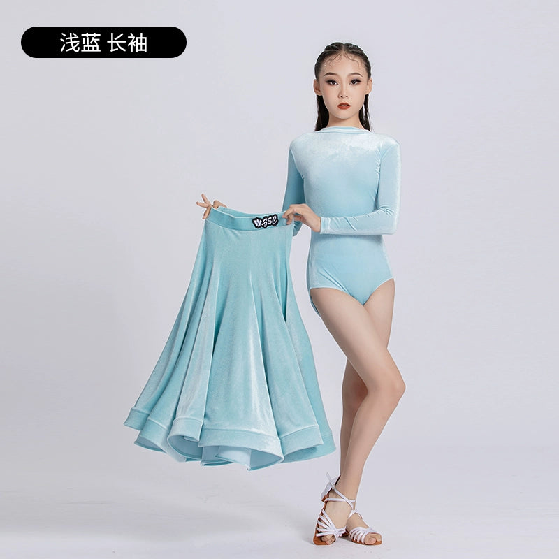 Light Blue Dark Green Velvet Ballroom Dance Dresses for Girls Kids Waltz Tango Rhythm Party Dance Ballroom Gown Performance Training Outfits