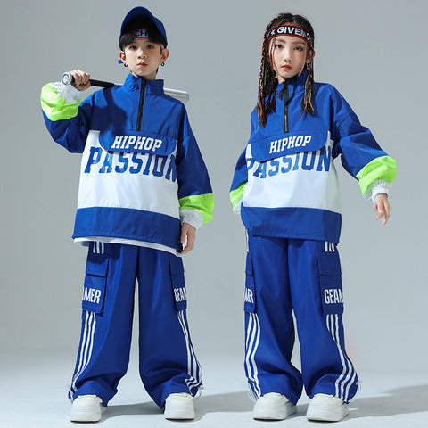 Children's Blue Hip-hop Jazz Dance Costumes Boys Girls Street Sports Opening Ceremony Performance Outfits Rapper Singers Gogo Dancers Wear