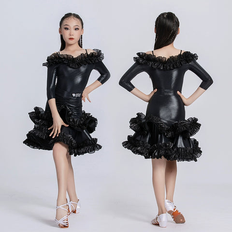 Children's Black Shiny Leather Latin Dance Dresses Salsa Ballroom Competition Dance Skirts Art Test Party Performance Ballroom Gown for Girls