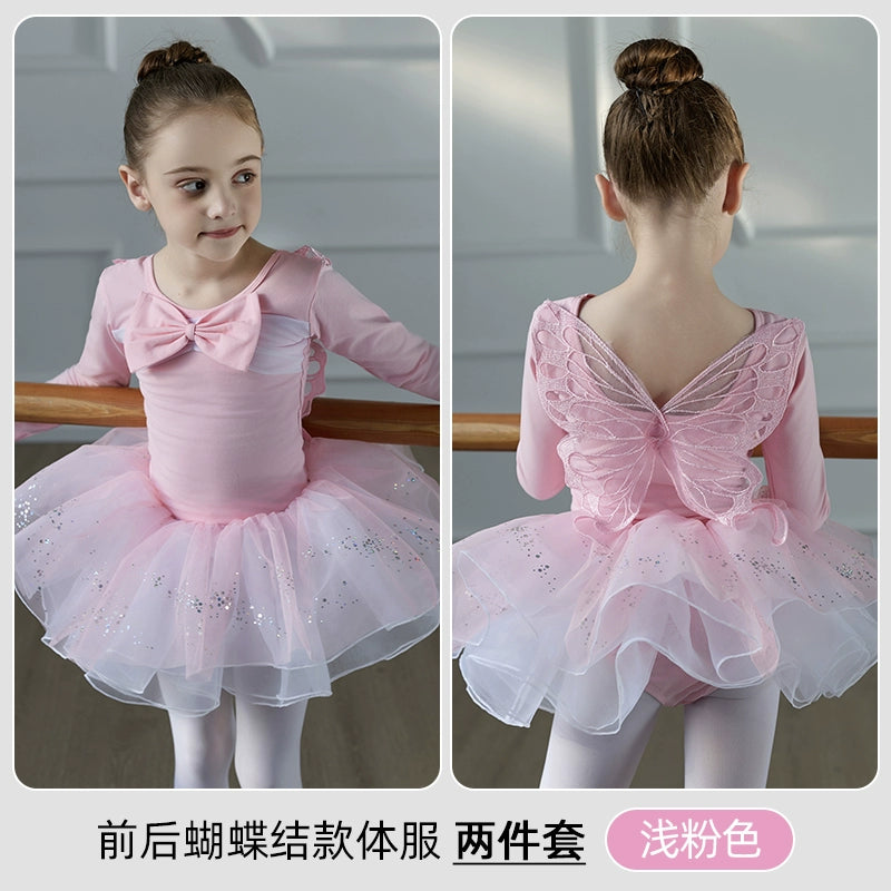 Children Girls Purple Blue Butterfly Fairy Ballet Dance Dresses for Kids Tutu Skirts Long Sleeves Back Fairy Bows Ballet Gymnastics Performance Skirts