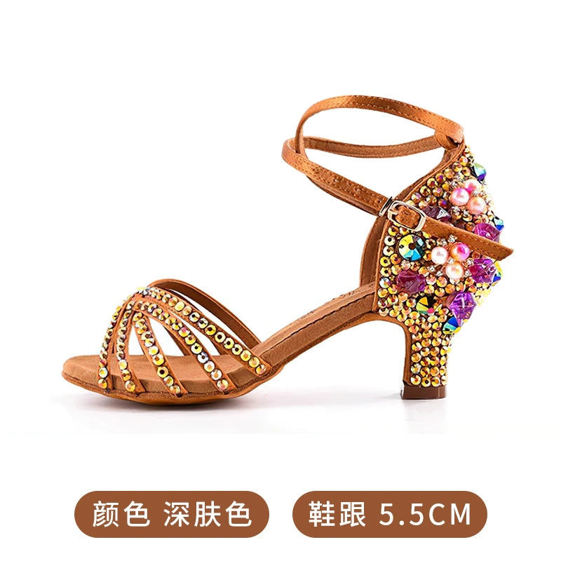 Bronze White Gemstones Latin Dance Shoes for Women Girls Pearl Purple Gemstones High-heeled Latin Ballroom Tango Salsa Jive Chacha Dance Sandals