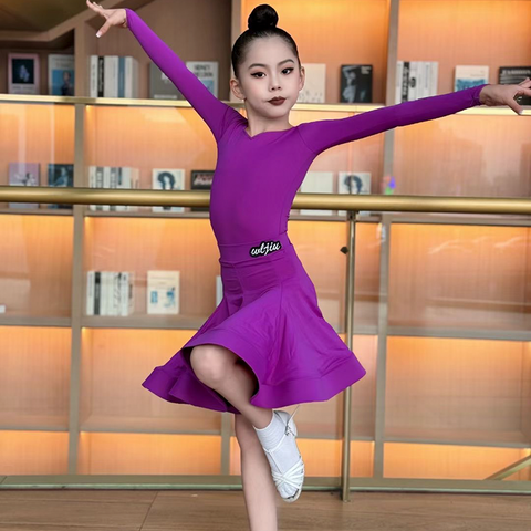 Blue green Latin ballroom dance competition dresses for girls kids salsa rumba chacha  standard dance uniforms