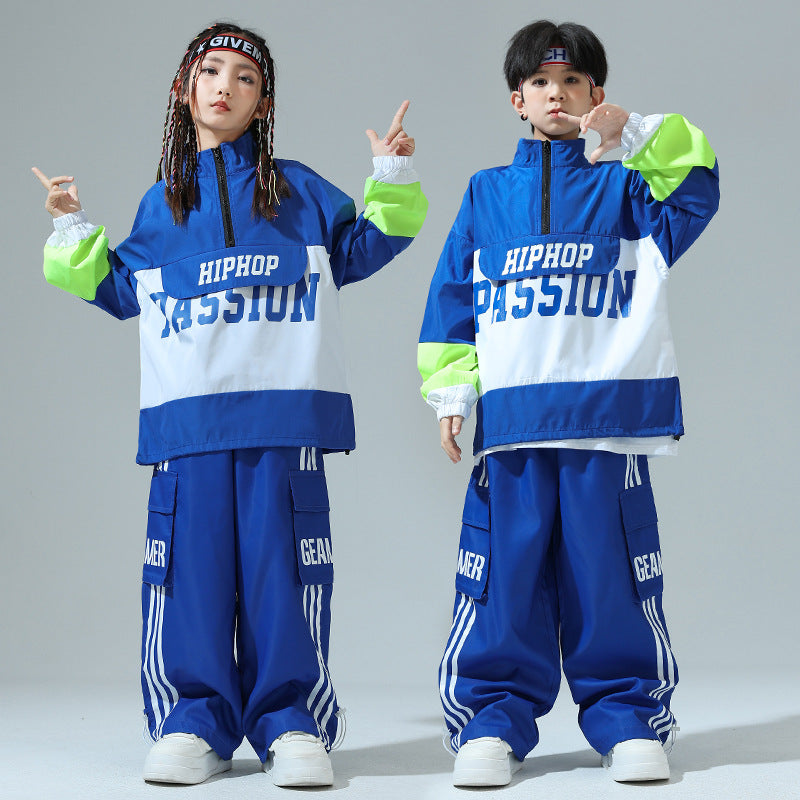 Children's Blue Hip-hop Jazz Dance Costumes Boys Girls Street Sports Opening Ceremony Performance Outfits Rapper Singers Gogo Dancers Wear