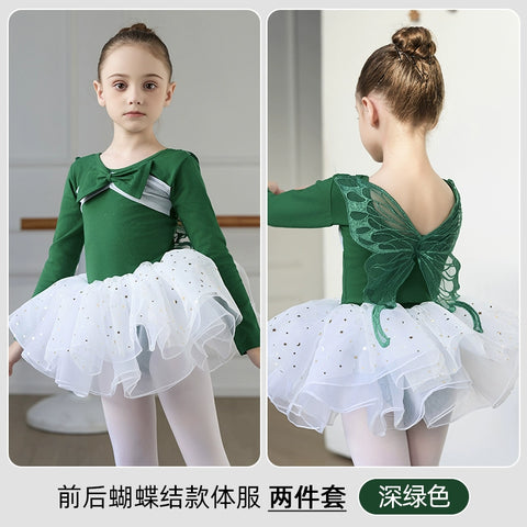 Children Girls Purple Blue Butterfly Fairy Ballet Dance Dresses for Kids Tutu Skirts Long Sleeves Back Fairy Bows Ballet Gymnastics Performance Skirts