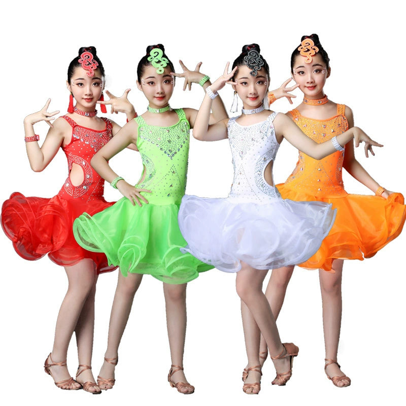 Competition Latin Dance Dresses for Kids Girls Orange White Red Neon Green Rhinestones Competition Grade Salsa Chacha Party Performance Outfits for Kids