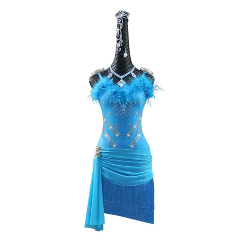 Turquoise Feather Latin Dance Dresses for Women Girls Salsa Rumba Chacha Dance Feather Skirts