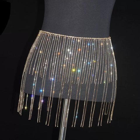 Women girls latin jazz rave dance Rhinestone tassel waist chain hollow bling hot pole dance tassel skirt belly dance body chain belts