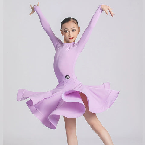 Professional Ballroom Latin Dance Dresses for Girls Kids Wine Lavender Purple Navy Long Sleeves Salsa Rumba Chacha Performance Costumes