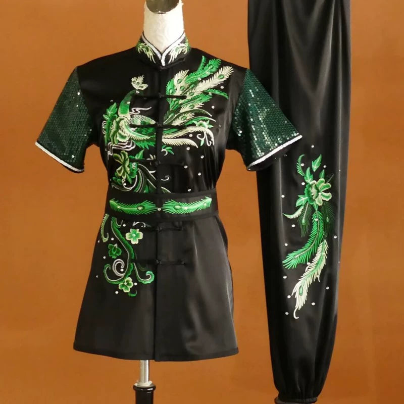 Customized size Embroidered Phoenix Competition Chinese Kungfu uniforms wushu performance Taichi clothing Changquan Nanquan Suit for adult kids