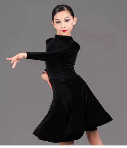 Girls Kids Latin Dance Dresses Black Royal Blue Turtleneck Velvet Long Sleeves Fishbone Ballroom Latin Salsa Training Practice Dance Competition Uniform