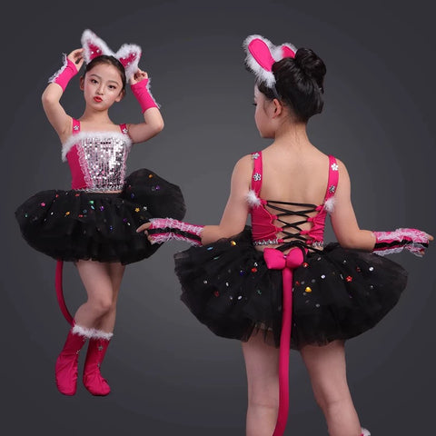 Toddler Pink Black Cat Jazz Dance Costumes for Girls Boys Modern Anime Cartoon Halloween Party Dress Up Cosplay Dancing Dance Costume