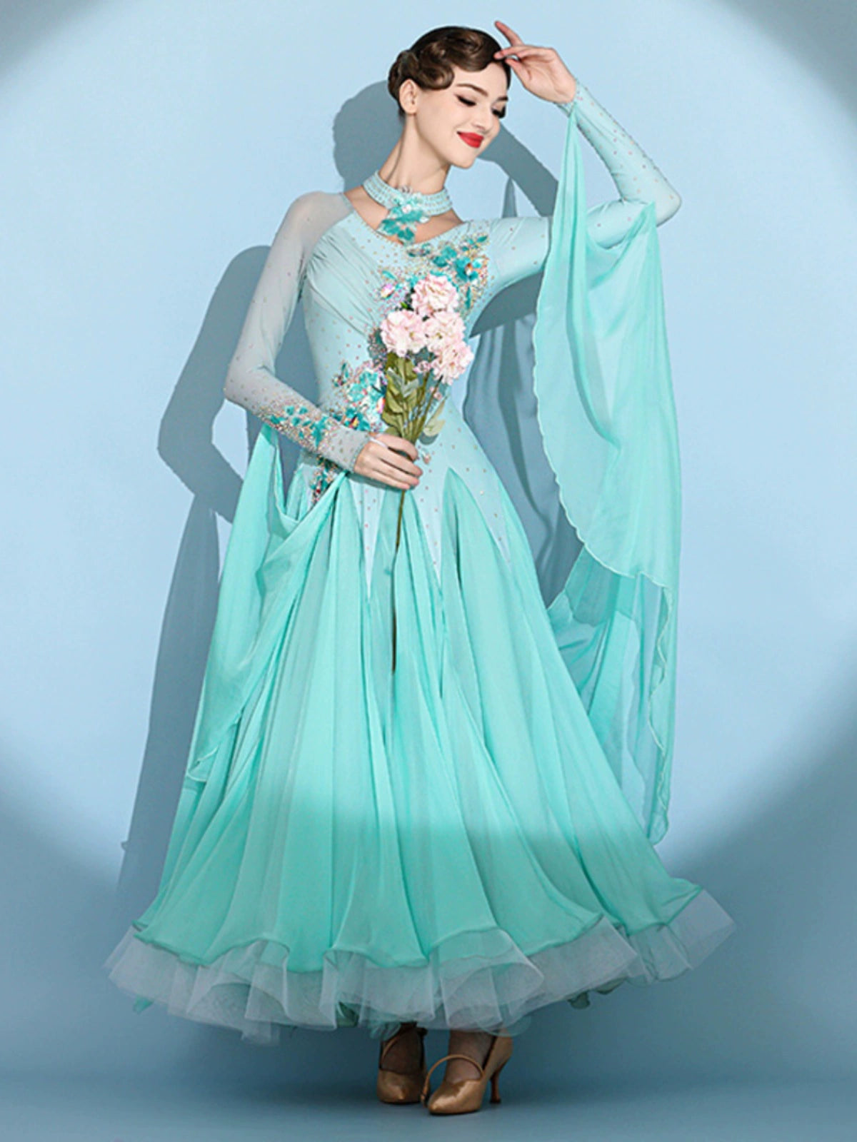 Aqua green color competition ballroom dance dresses for women girls waltz tango senior rhythm modern dance costume