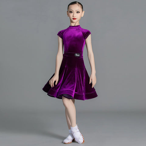 Latin Dance Competition dresses for kids girls  wine green Short Sleeves Standard  ballroom latin Competition Suit