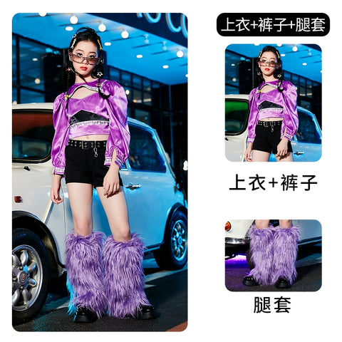 Girls Jazz Dance Costumes Purple Fur Clothing Kids Hip Hop Rapper Singers Gogo Dancers Hihop Fried Street Runway Fashion Clothing