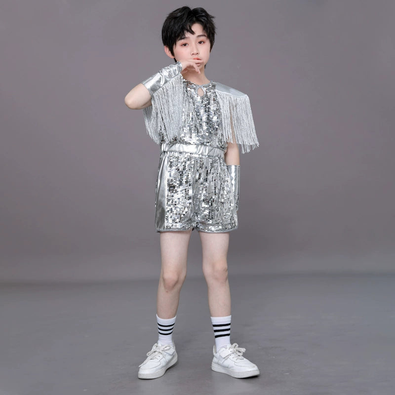 Children's Silver fringe Sequins jazz dance Costumes Hip Hop Catwalk Models Dance outfits for  Boys Girls