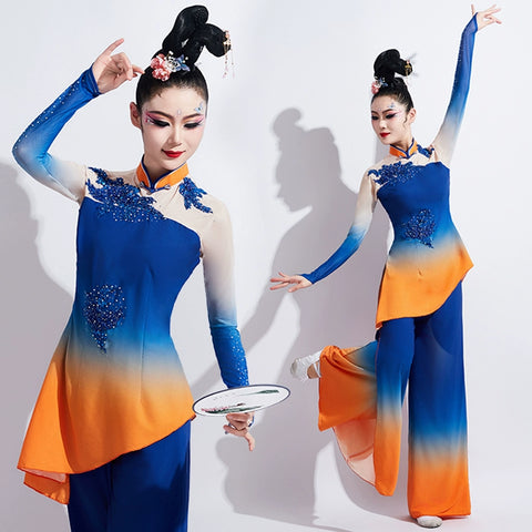 Chinese folk Classical dance costume for women girls fan umbrella hanfu art test performance dress Jiaozhou Yangge fan dance clothes