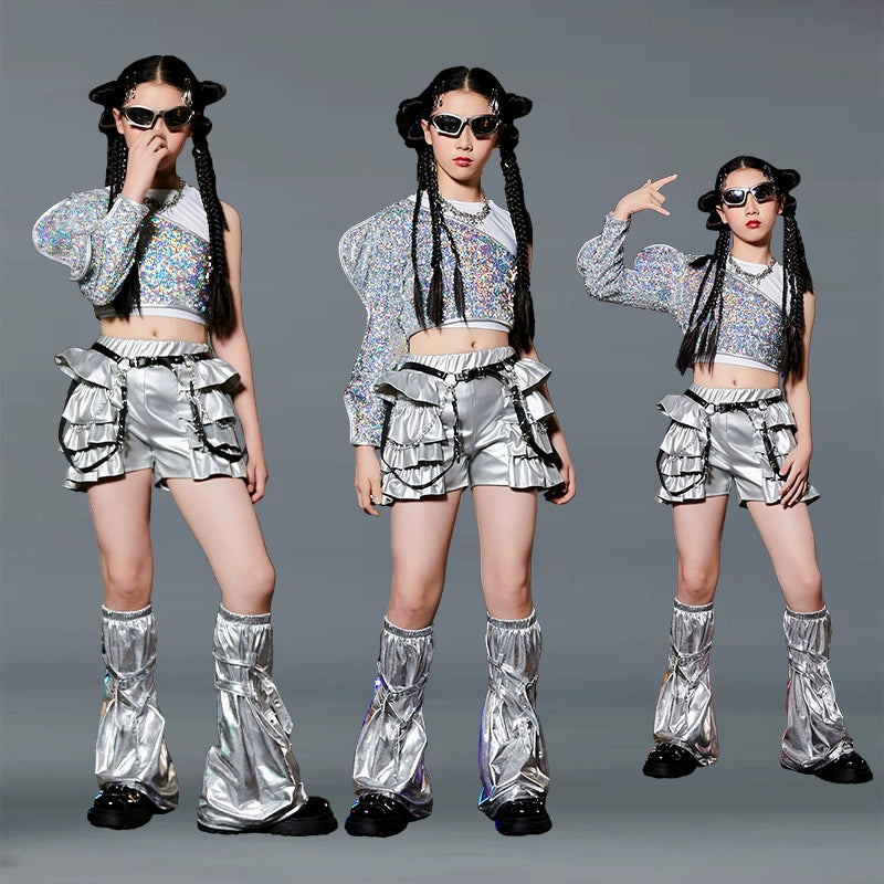 Children's Silver Sequin Jazz Street Dance Costumes for Girls Kids Runway Hip Hop Rapper Singers Gogo Dancers Model Show Dance Outfits