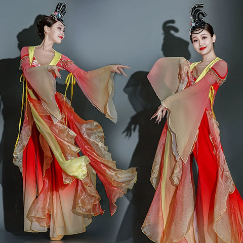 Red Chinese folk Classical dance costumes women ancient fairy empress han tang dance dresses flowing sleeves hanfu