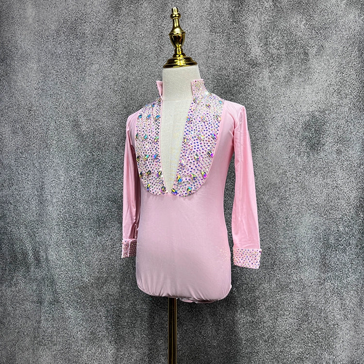 Custom Size Pink Rhinestones Boys Latin Dance Shirts Salsa Ballroom Flower Costume Competition Performance Top for Kids