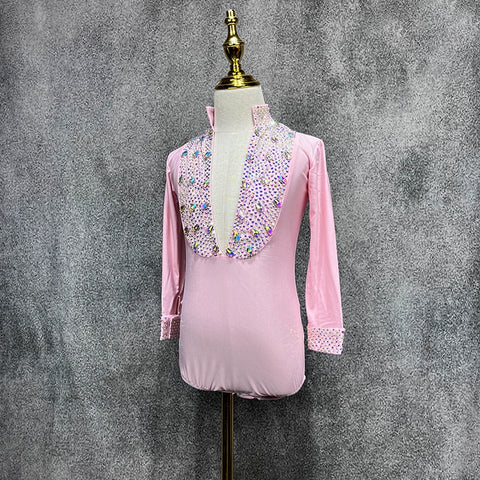 Custom Size Pink Rhinestones Boys Latin Dance Shirts Salsa Ballroom Flower Costume Competition Performance Top for Kids