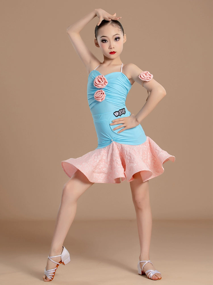 Pink blue flowers Latin dance dresses for girls kids ballroom salsa rumba chacha  split Latin training clothes for children