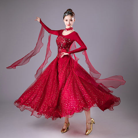 Wine Competition Ballroom Dance Dresses for Women Girls  Embroidered Diamond Waltz Tango Performance Gown