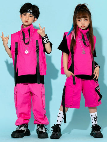 Fuchsia Pink Jazz Street Hip-hop Dance Costumes for Girls Boys Rapper Singers Gogo Dancer Performance Clothes Catwalk Show Clothing