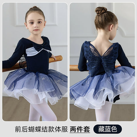 Children Girls Purple Blue Butterfly Fairy Ballet Dance Dresses for Kids Tutu Skirts Long Sleeves Back Fairy Bows Ballet Gymnastics Performance Skirts