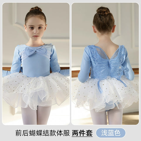 Children Girls Purple Blue Butterfly Fairy Ballet Dance Dresses for Kids Tutu Skirts Long Sleeves Back Fairy Bows Ballet Gymnastics Performance Skirts