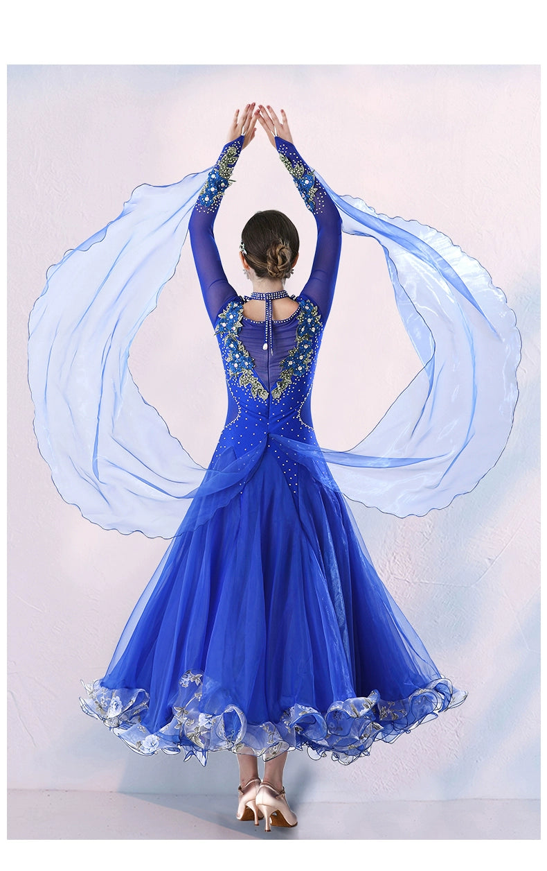 Women's Competition ballroom dance dresses for girls white pink blue waltz tango foxtrot rhythm moving dance long gown with float sleeves