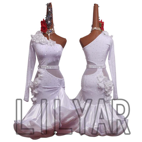 One Shoulder Slant Neck Competition White Latin Dance Dresses for Women Girls Salsa Rumba Chacha Latin Solo Dance Clothing for Female