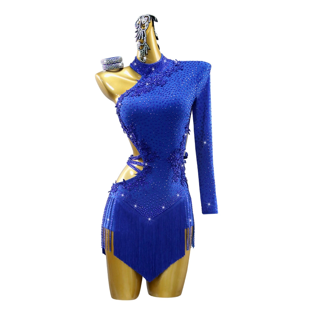 Custom Size Slant Neck Royal Blue Fringe Competition Latin Dance Dresses for Women Girls Latin Salsa Cha Cha Rumba Performance Costumes